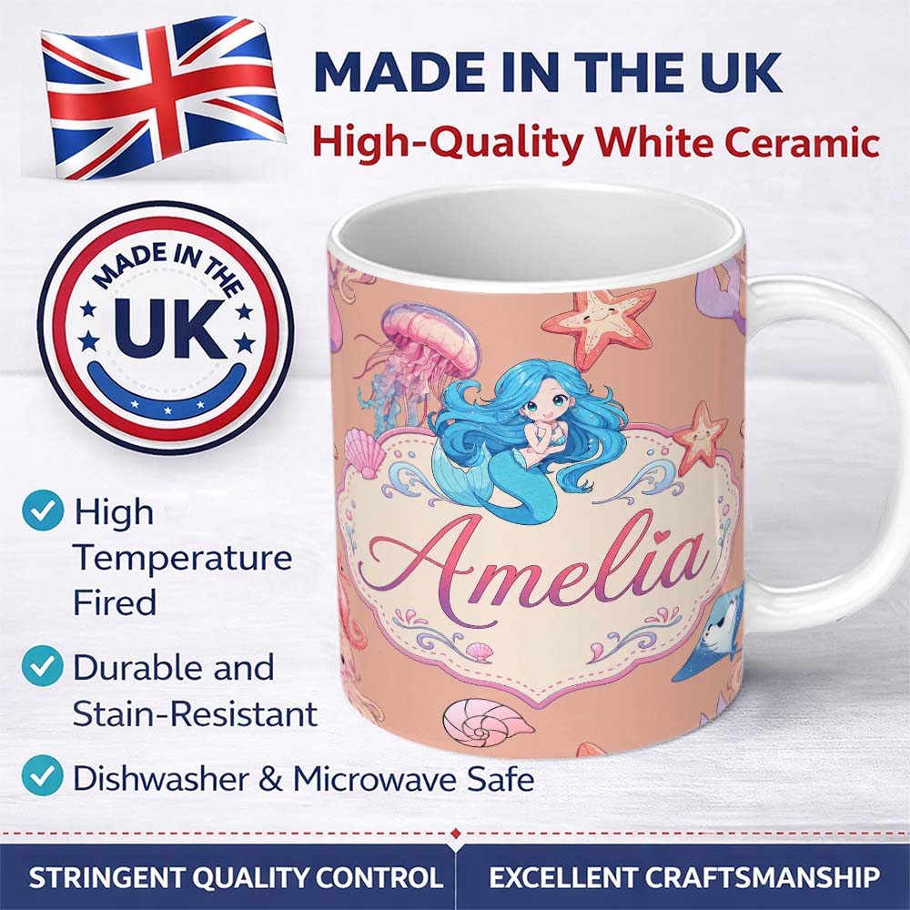 Personalized Custom Name Cute Kawaii Mermaid Ocean Friends Jellyfish Starfish Peach Lovely 11oz Ceramic Coffee Tea Mug White Large Handle