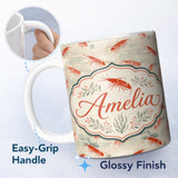Personalized Custom Name Minimal Red Shrimp on Textured Neutral Background Seamless Pattern 11oz Ceramic Coffee Tea Mug White Large Handle