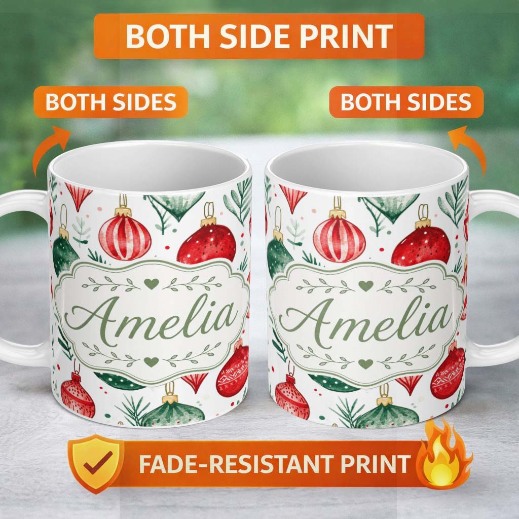 Personalized Custom Name Festive Christmas Baubles and Foliage Watercolor Seamless Pattern 11oz Ceramic Coffee Tea Mug White Large Handle