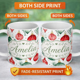 Personalized Custom Name Festive Christmas Baubles and Foliage Watercolor Seamless Pattern 11oz Ceramic Coffee Tea Mug White Large Handle