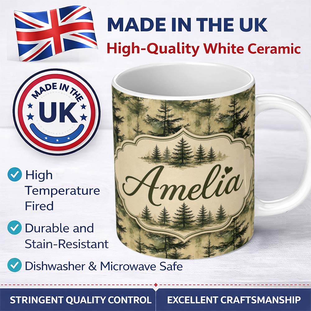Personalized Custom Name Watercolour Forest Pine Tree with Layered Green Tones and Abstract 11oz Ceramic Coffee Tea Mug White Large Handle