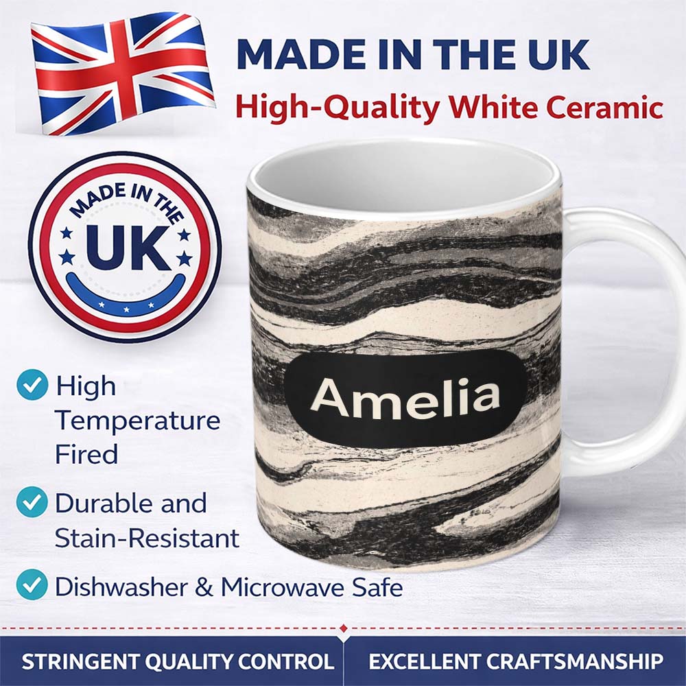 Personalized Custom Name Fine Line Topography Black Cream Abstract Contour Pattern Lovely 11oz Ceramic Coffee Tea Mug White Large Handle