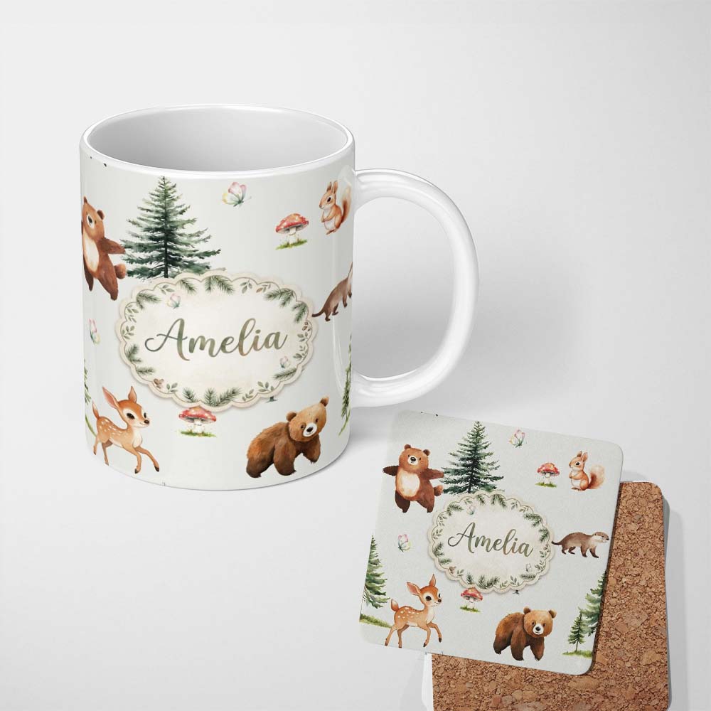 Personalized Custom Name Bear Bunny Squirrel Trees Mushrooms Butterfly Soft Neutral Seamless 11oz Ceramic Coffee Tea Mug White Large Handle