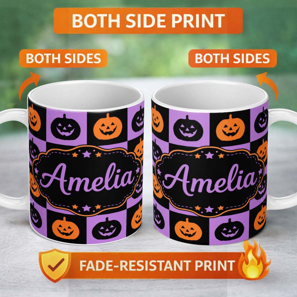 Personalized Custom Name Black Orange Pumpkin Checkerboard Halloween Seamless Pattern UK 11oz Ceramic Coffee Tea Mug White Large Handle