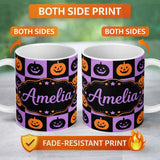 Personalized Custom Name Black Orange Pumpkin Checkerboard Halloween Seamless Pattern UK 11oz Ceramic Coffee Tea Mug White Large Handle