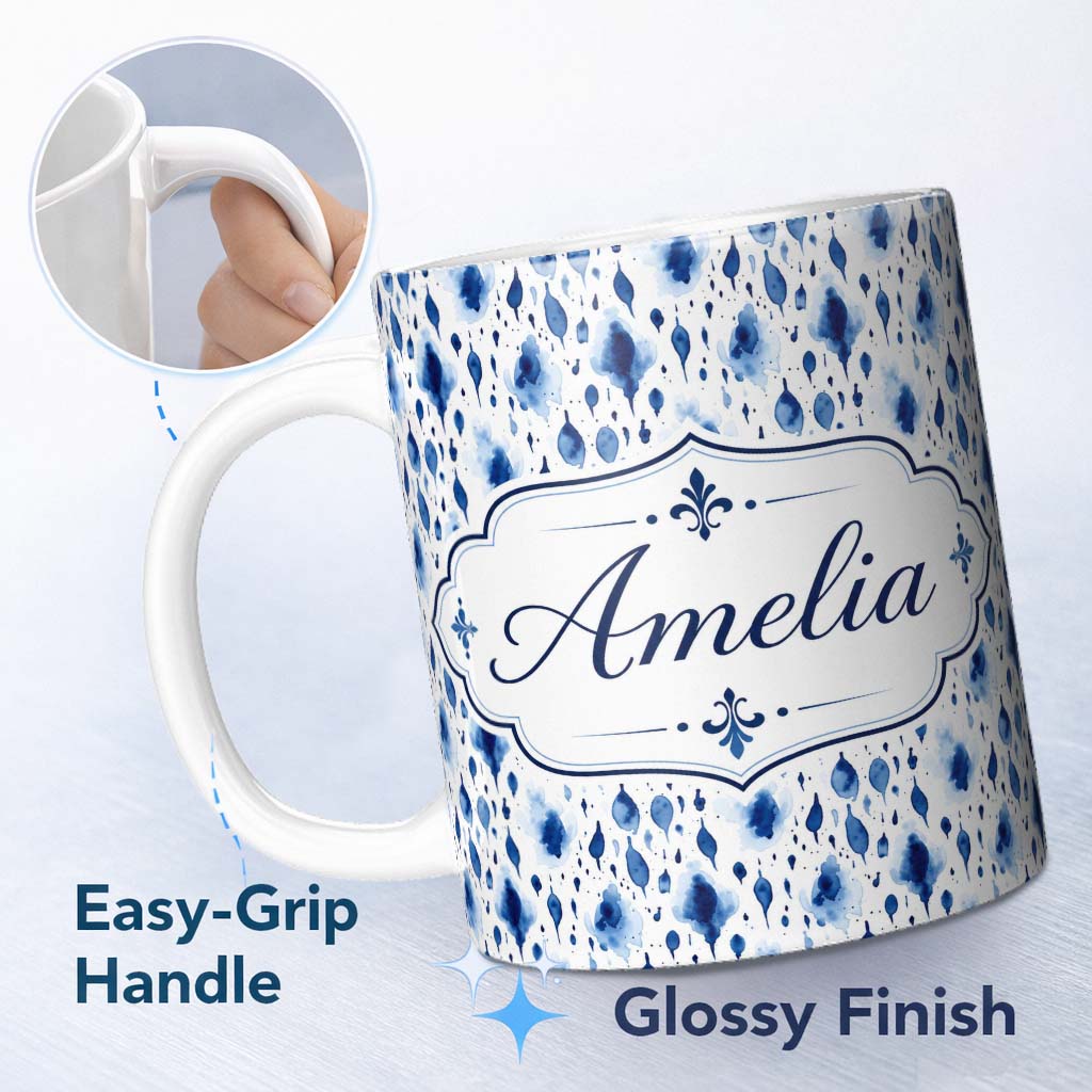 Personalized Custom Name Blue Watercolour Droplet Abstract Seamless Pattern Cute Unique Gift 11oz Ceramic Coffee Tea Mug White Large Handle