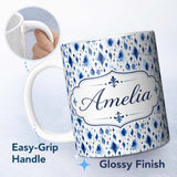 Personalized Custom Name Blue Watercolour Droplet Abstract Seamless Pattern Cute Unique Gift 11oz Ceramic Coffee Tea Mug White Large Handle