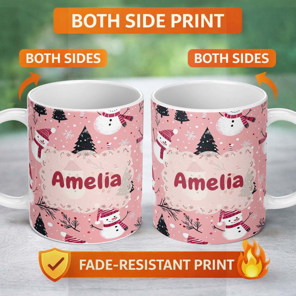 Personalized Custom Name Cute Snowman Candy Cane Tree Winter Seamless Pattern Lovely 11oz Ceramic Coffee Tea Mug White Large Handle
