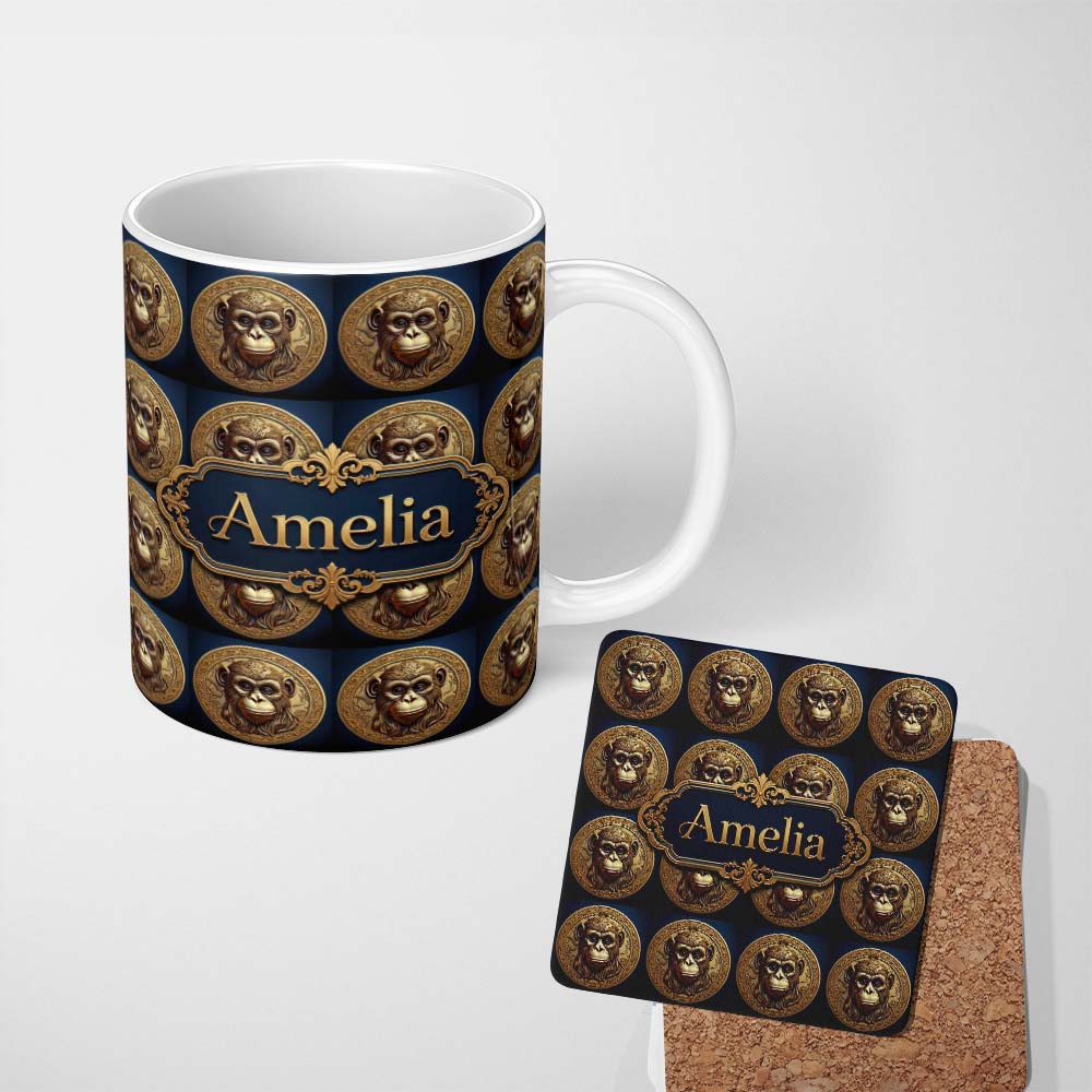 Personalized Custom Name Embossed Gold Monkey Coin Medallion Pattern on Deep Blue Background 11oz Ceramic Coffee Tea Mug White Large Handle