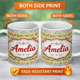 Personalized Custom Name Green Red Chevron Silver Glitter Christmas Seamless Pattern Lovely 11oz Ceramic Coffee Tea Mug White Large Handle