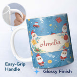 Personalized Custom Name Red Festive Christmas Tree Reindeer Snowman Seamless Pattern Lovely 11oz Ceramic Coffee Tea Mug White Large Handle