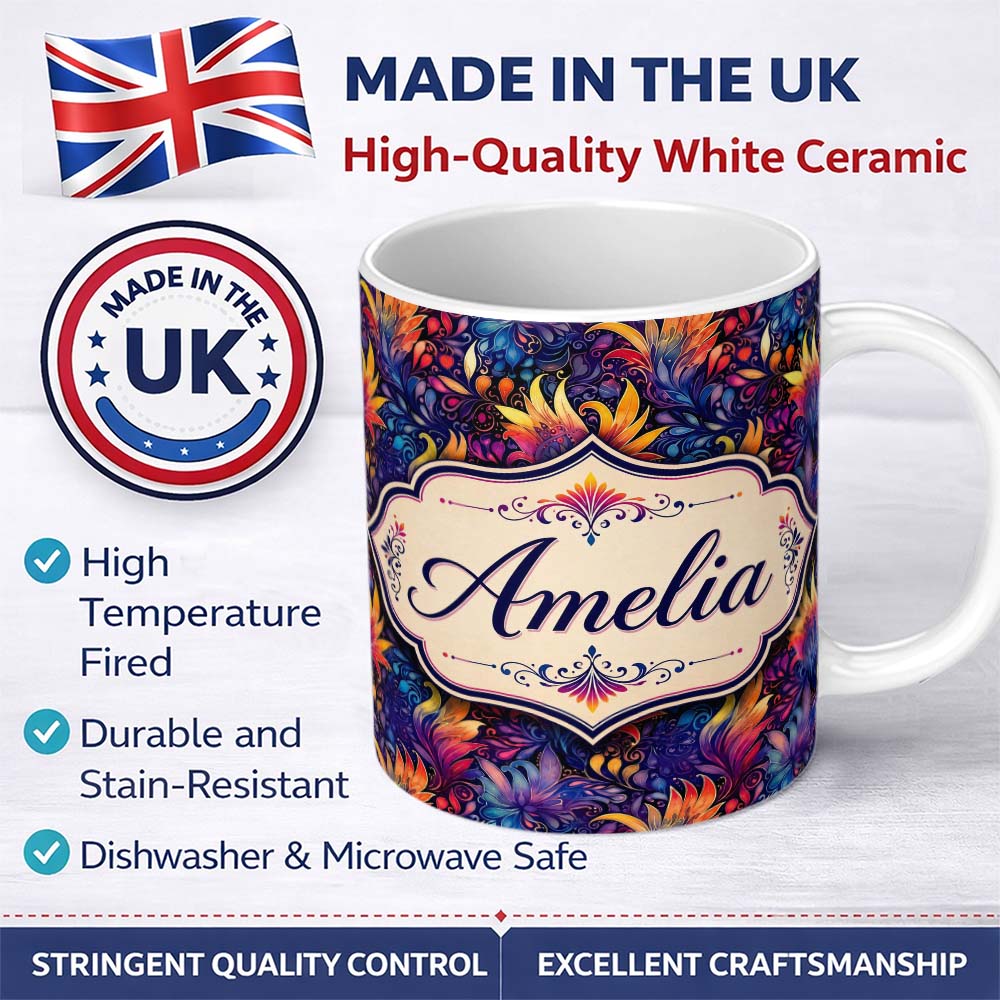 Personalized Custom Name Vibrant Multicolour Fantasy Floral Seamless Pattern Cute Unique Gift 11oz Ceramic Coffee Tea Mug White Large Handle