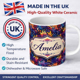 Personalized Custom Name Vibrant Multicolour Fantasy Floral Seamless Pattern Cute Unique Gift 11oz Ceramic Coffee Tea Mug White Large Handle