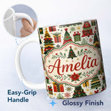 Personalized Custom Name Cute Christmas Tree Gift Holiday Festive Seamless Pattern Lovely 11oz Ceramic Coffee Tea Mug White Large Handle