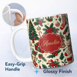 Personalized Custom Name Christmas Holly Gift Stocking Candy Cane Festive Seamless Pattern 11oz Ceramic Coffee Tea Mug White Large Handle