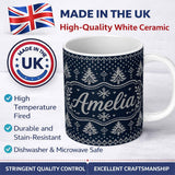 Personalized Custom Name Blue White Christmas Tree Snowflake Knit Pattern Nordic Winter 11oz Ceramic Coffee Tea Mug White Large Handle