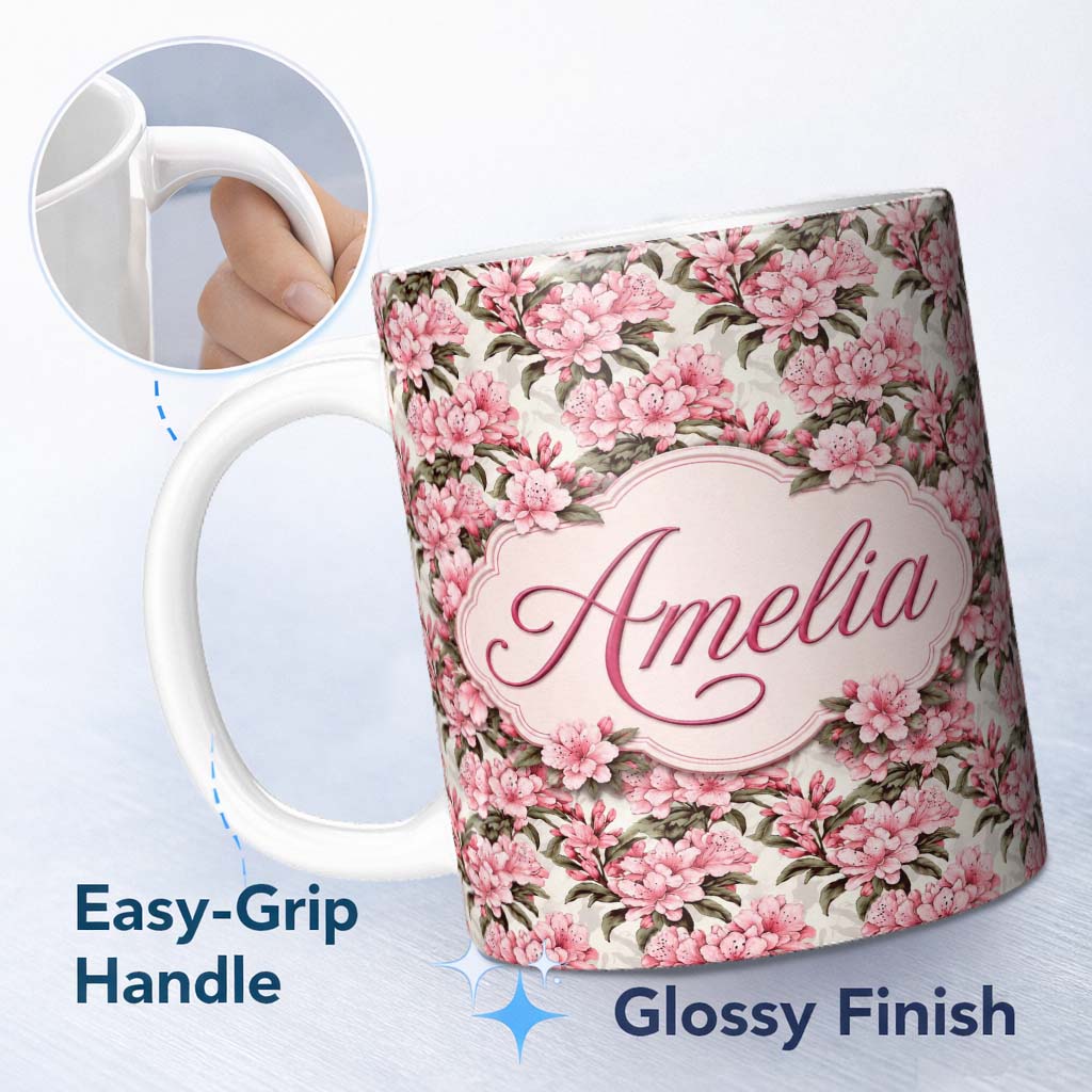 Personalized Custom Name Soft Pink Floral Bouquet Classic Style Seamless Pattern Lovely 11oz Ceramic Coffee Tea Mug White Large Handle