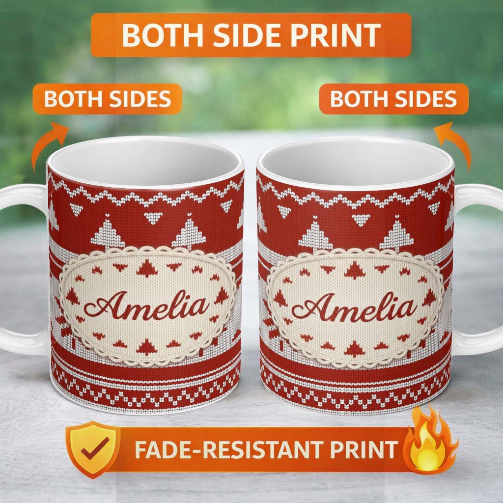 Personalized Custom Name Cute Red White Nordic Snowflake Winter Knitted Seamless Pattern 11oz Ceramic Coffee Tea Mug White Large Handle