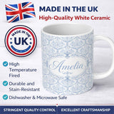 Personalized Custom Name Vintage Blue Damask Ornamental Seamless Pattern Perfect Gift for Her 11oz Ceramic Coffee Tea Mug White Large Handle