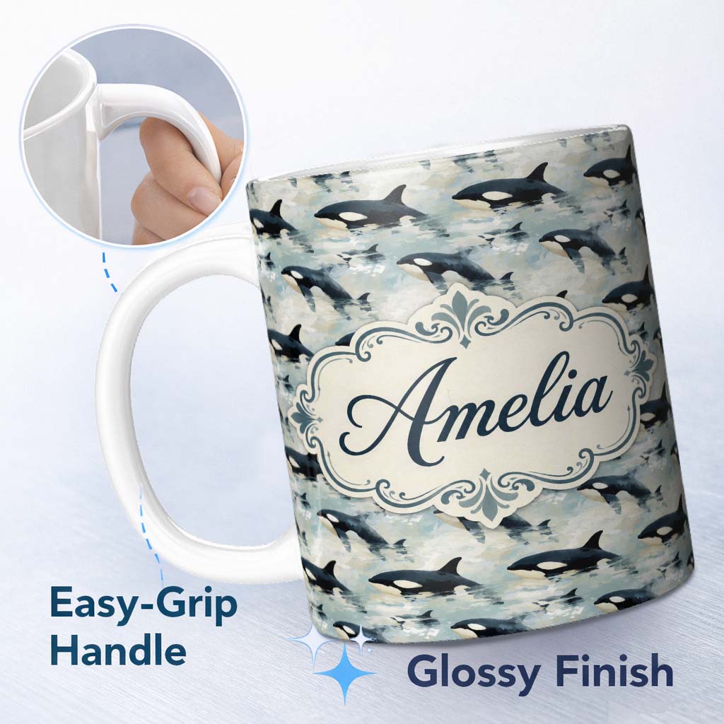 Personalized Custom Name Orca Whale Ocean Surface Seamless Pattern Realistic Marine Life 11oz Ceramic Coffee Tea Mug White Large Handle