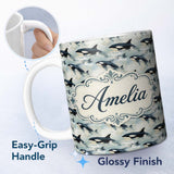 Personalized Custom Name Orca Whale Ocean Surface Seamless Pattern Realistic Marine Life 11oz Ceramic Coffee Tea Mug White Large Handle