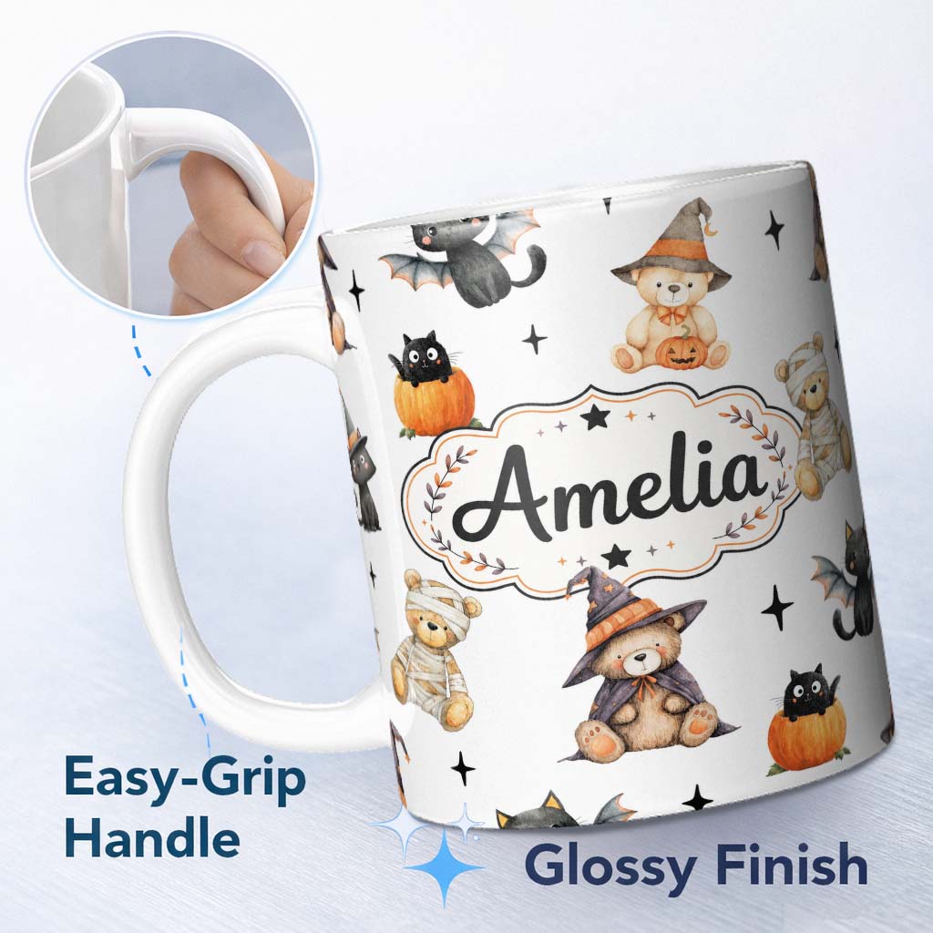 Personalized Custom Name Cute Halloween Teddy Bears Bats Pumpkin UK Seamless Pattern Name 11oz Ceramic Coffee Tea Mug White Large Handle