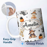 Personalized Custom Name Cute Halloween Teddy Bears Bats Pumpkin UK Seamless Pattern Name 11oz Ceramic Coffee Tea Mug White Large Handle