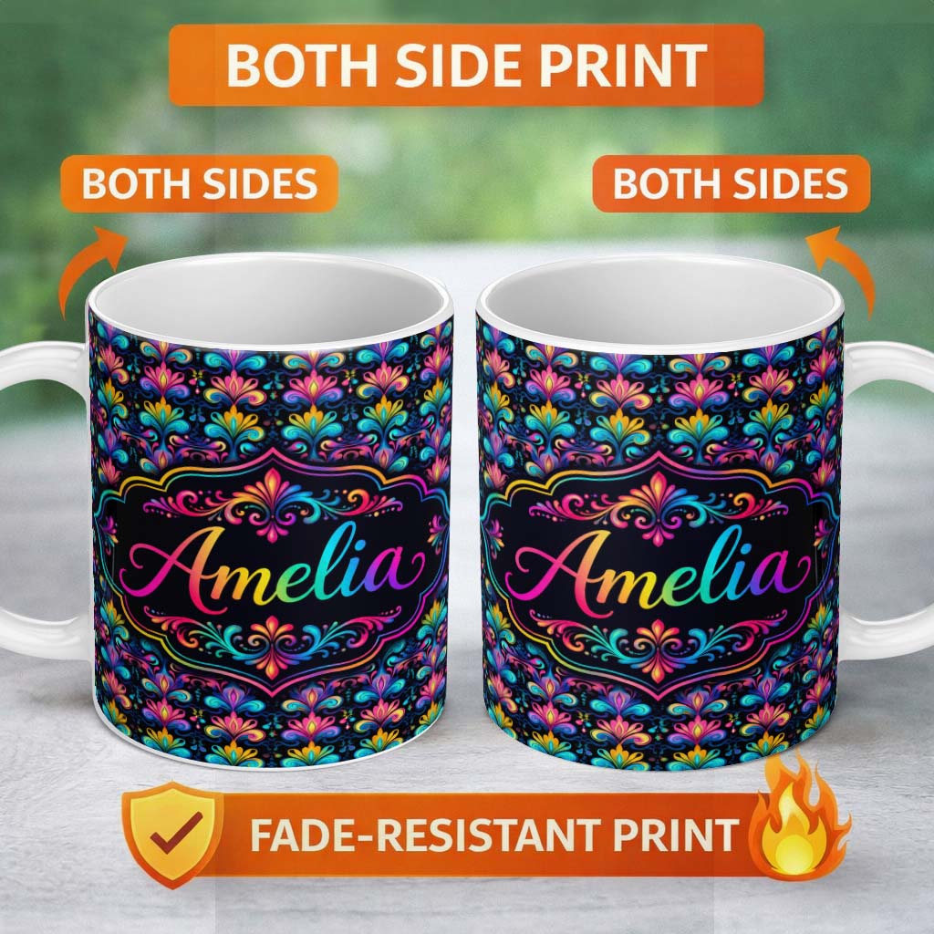 Personalized Custom Name Bright Psychedelic Floral Scroll Damask Seamless Pattern Lovely 11oz Ceramic Coffee Tea Mug White Large Handle