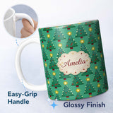 Personalized Custom Name Festive Christmas Trees with Yellow Stars on Green Background Lovely 11oz Ceramic Coffee Tea Mug White Large Handle
