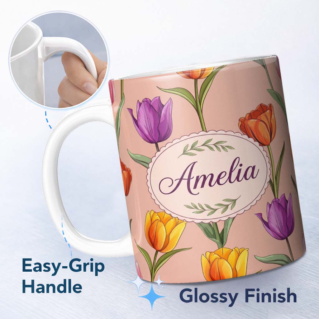 Personalized Custom Name Elegant Tulip Floral Seamless Pattern Peach Background Spring Lovely 11oz Ceramic Coffee Tea Mug White Large Handle