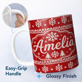 Personalized Custom Name Knitted Red Christmas Snowflake Tree Seamless Pattern Lovely 11oz Ceramic Coffee Tea Mug White Large Handle