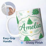 Personalized Custom Name Decorated Christmas Trees with Stars and Snowflakes Bright Holiday 11oz Ceramic Coffee Tea Mug White Large Handle