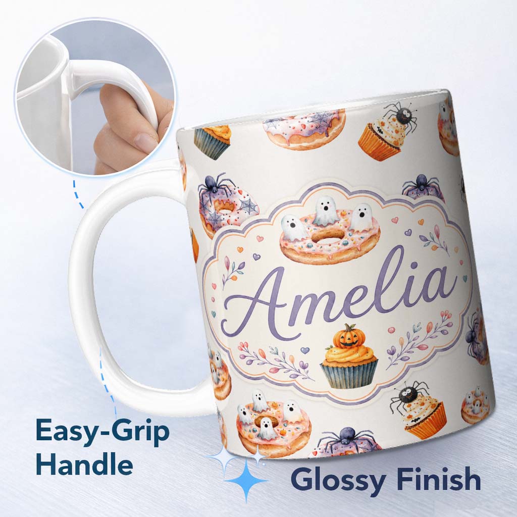 Personalized Custom Name Halloween Donuts Cupcakes and Spiders on Neutral Grey Background 11oz Ceramic Coffee Tea Mug White Large Handle