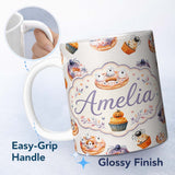 Personalized Custom Name Halloween Donuts Cupcakes and Spiders on Neutral Grey Background 11oz Ceramic Coffee Tea Mug White Large Handle