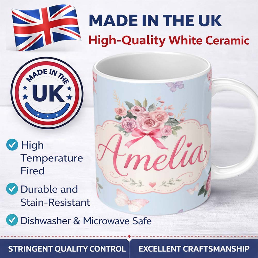 Personalized Custom Name Cute Watercolor Floral Roses with Red Ribbon and Butterflies Blue 11oz Ceramic Coffee Tea Mug White Large Handle