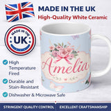 Personalized Custom Name Cute Watercolor Floral Roses with Red Ribbon and Butterflies Blue 11oz Ceramic Coffee Tea Mug White Large Handle