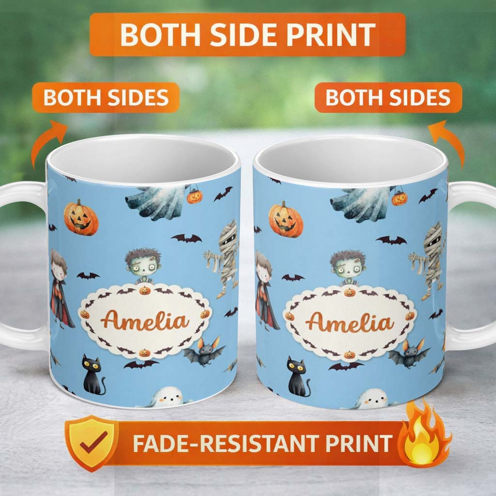 Personalized Custom Name Halloween Zombie Mummy Vampire and Bat Characters Bright Blue Lovely 11oz Ceramic Coffee Tea Mug White Large Handle