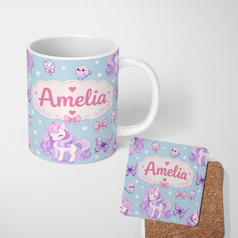 Custom Name Cute Pastel Unicorn Butterfly Candy Stars Blue Background Seamless 11oz Ceramic Coffee Tea Mug White Large Handle