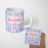 Custom Name Cute Pastel Unicorn Butterfly Candy Stars Blue Background Seamless 11oz Ceramic Coffee Tea Mug White Large Handle
