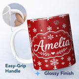Personalized Custom Name Red White Christmas Tree Snowflake Knit Seamless Pattern Lovely 11oz Ceramic Coffee Tea Mug White Large Handle