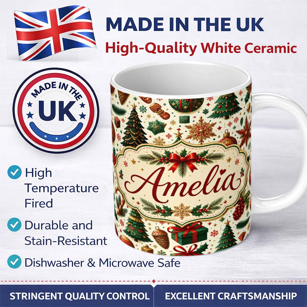Personalized Custom Name Classic Christmas Trees Candy Canes Baubles and Festive Decor Lovely 11oz Ceramic Coffee Tea Mug White Large Handle