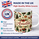 Personalized Custom Name Classic Christmas Trees Candy Canes Baubles and Festive Decor Lovely 11oz Ceramic Coffee Tea Mug White Large Handle
