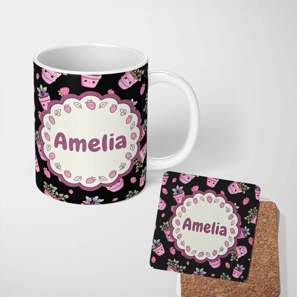 Personalized Custom Name Cute Pink Plant Pots Leaves Strawberry Seamless Pattern Dark Lovely 11oz Ceramic Coffee Tea Mug White Large Handle