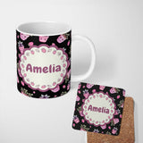 Personalized Custom Name Cute Pink Plant Pots Leaves Strawberry Seamless Pattern Dark Lovely 11oz Ceramic Coffee Tea Mug White Large Handle