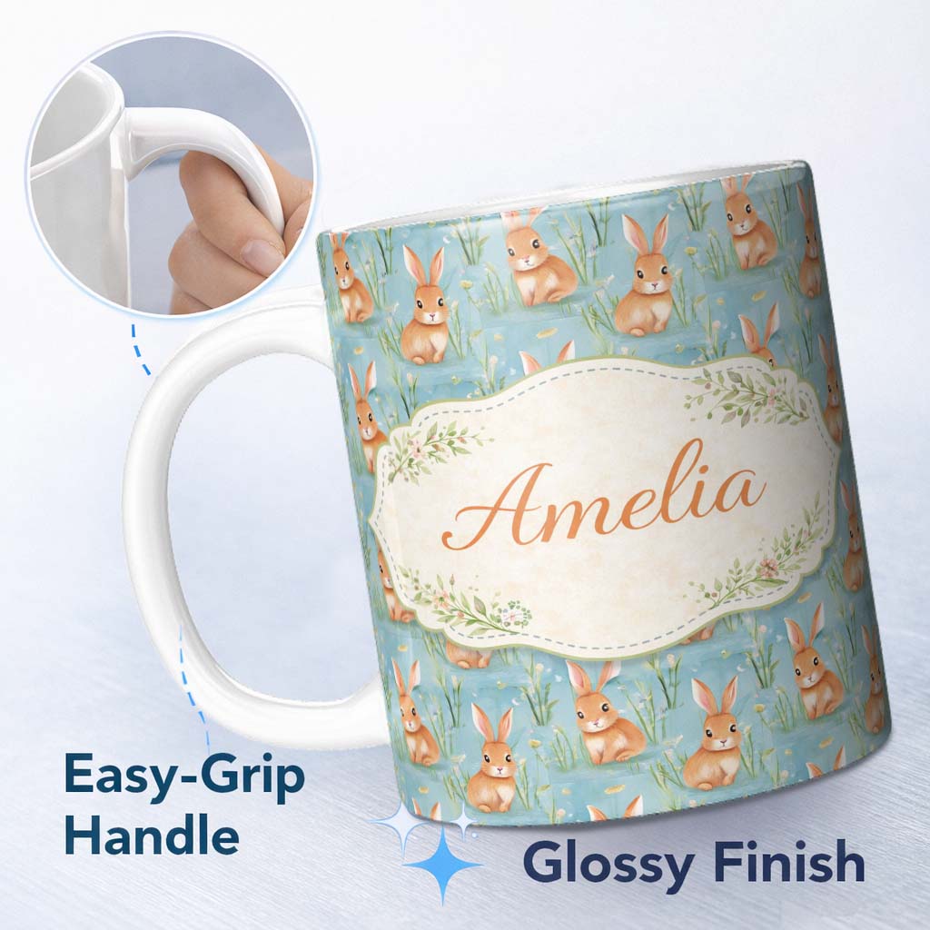 Personalized Custom Name Soft Watercolor Bunny Meadow Light Blue Seamless Pattern Lovely 11oz Ceramic Coffee Tea Mug White Large Handle