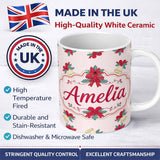 Personalized Custom Name Poinsettia Flower Bell Holly Christmas Seamless Pattern Lovely 11oz Ceramic Coffee Tea Mug White Large Handle