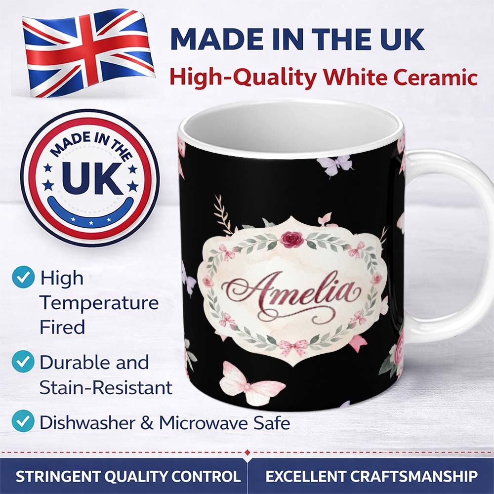 Personalized Custom Name Watercolor Pink Roses Bow Butterfly Elegant Seamless Pattern Lovely 11oz Ceramic Coffee Tea Mug White Large Handle