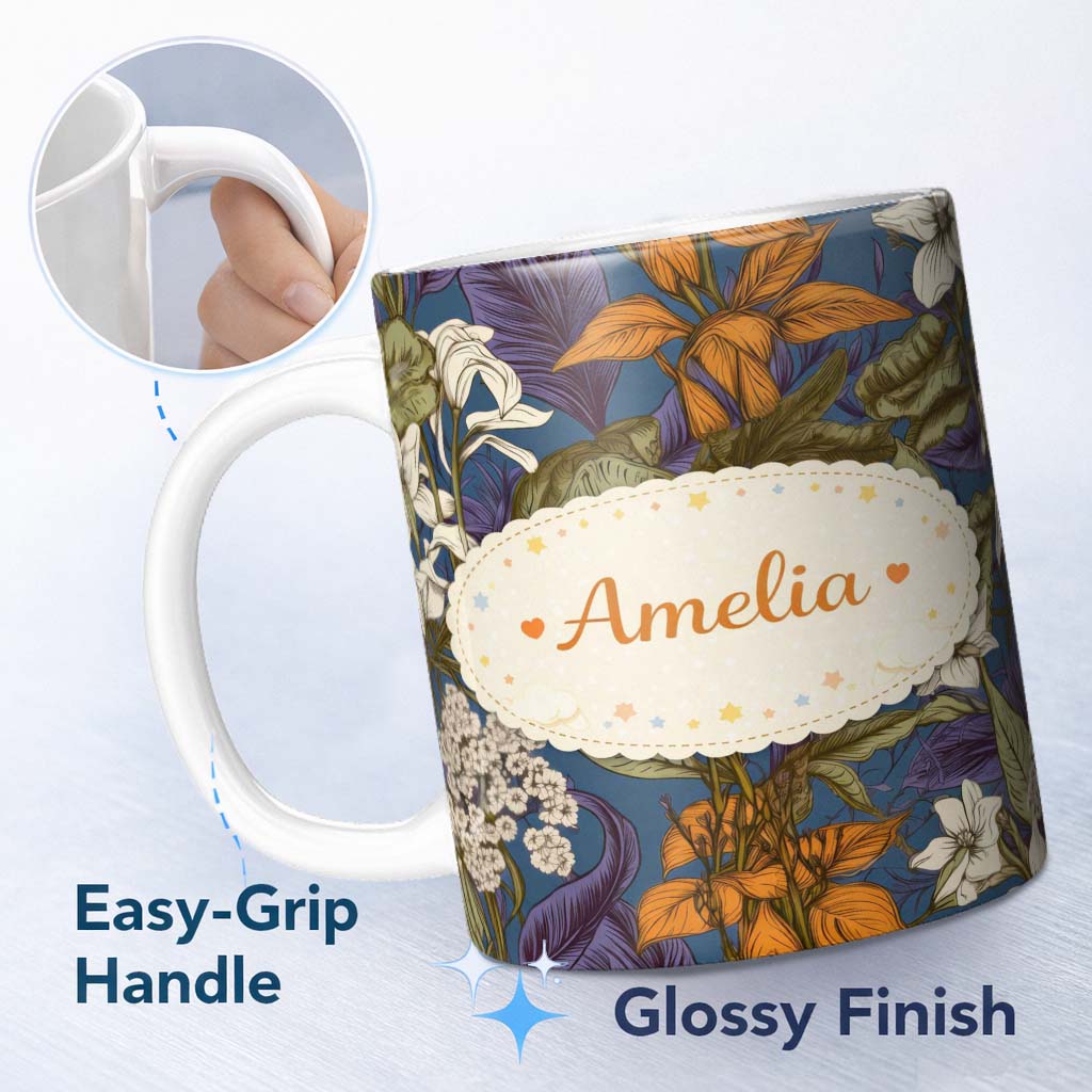 Personalized Custom Name Dark Botanical Floral Vintage Garden Seamless Pattern Lovely 11oz Ceramic Coffee Tea Mug White Large Handle