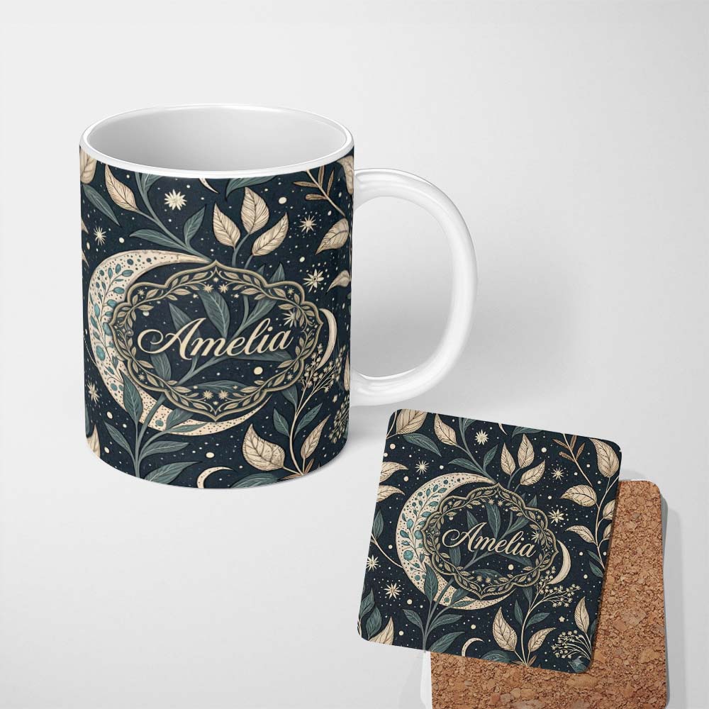 Personalized Custom Name Botanical Crescent Moon Leaves Starry Night Seamless Pattern Lovely 11oz Ceramic Coffee Tea Mug White Large Handle