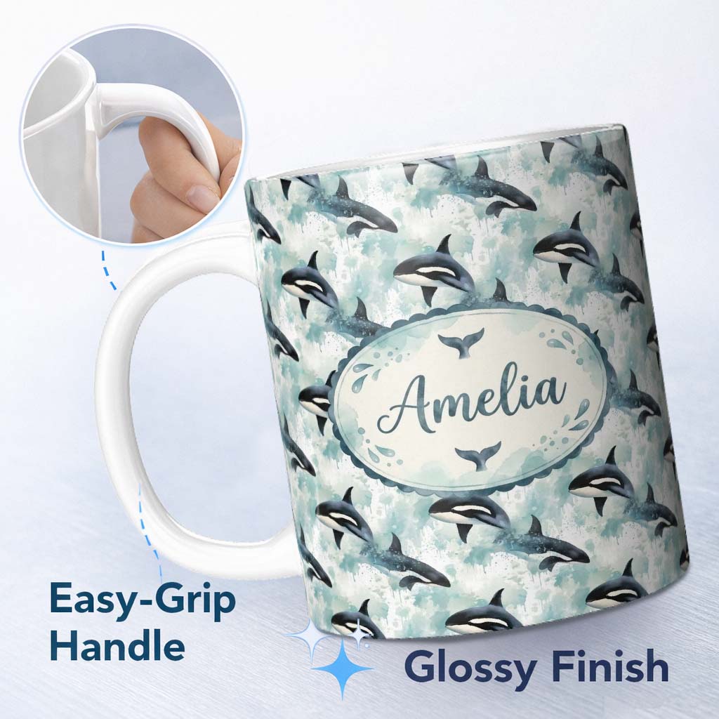 Personalized Custom Name Orca Whale Coral Reef Seamless Pattern Vibrant Ocean Life Design 11oz Ceramic Coffee Tea Mug White Large Handle
